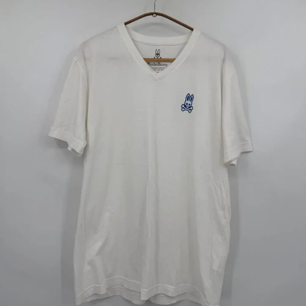 Psycho Bunny White Pima Cotton V-Neck T-Shirt Blue Logo Men’s Size 6 (XXL)